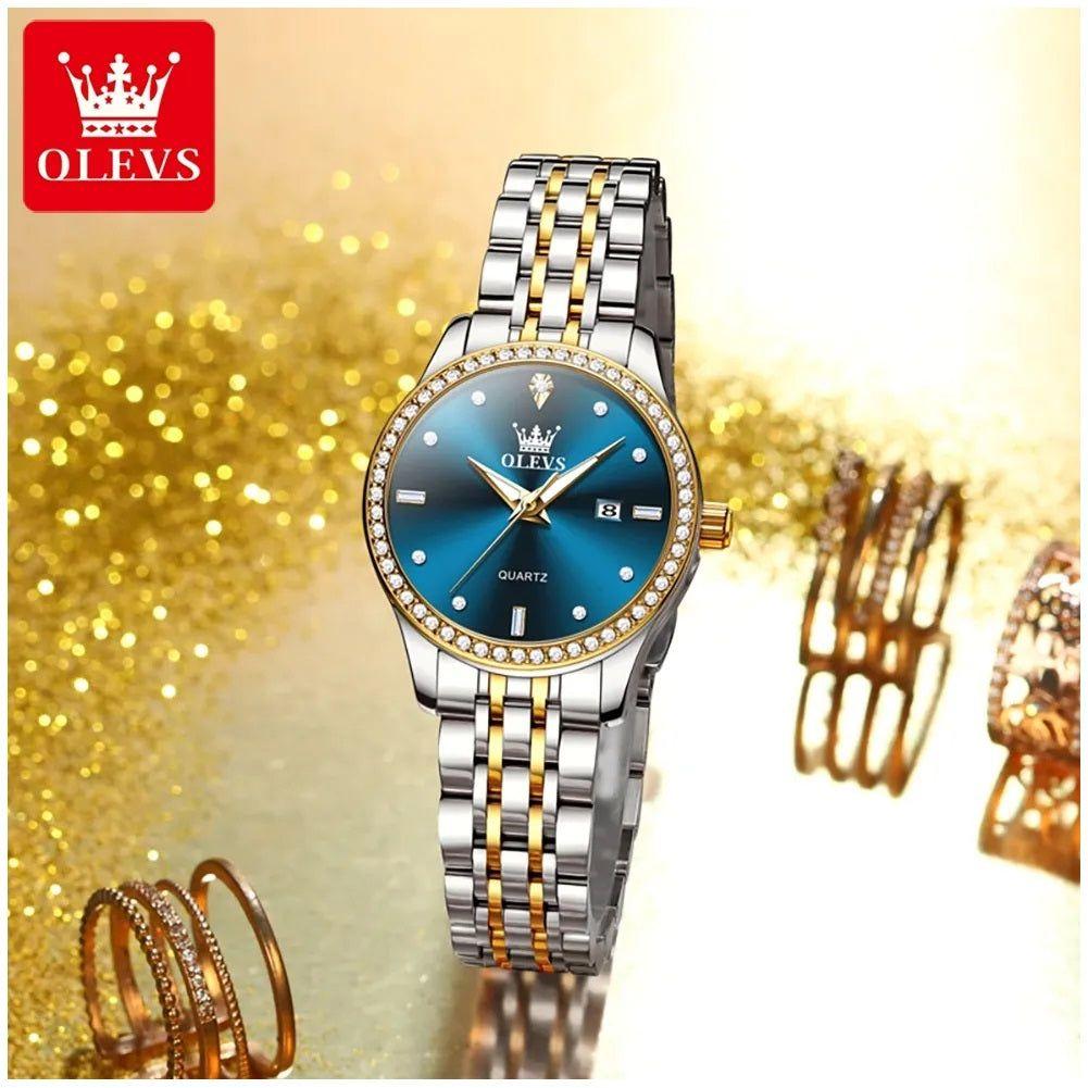 Reloj de Pulsera Lujo Mujer Cuarzo Esfera Azul Circonias Brillantes-2