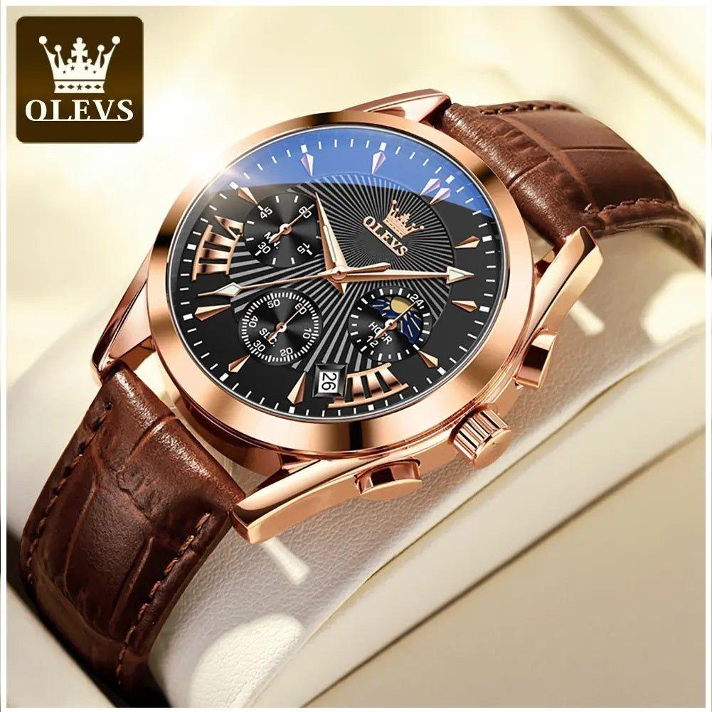 Reloj Cronógrafo de Lujo para Hombre con Correa de Cuero Clásico-3