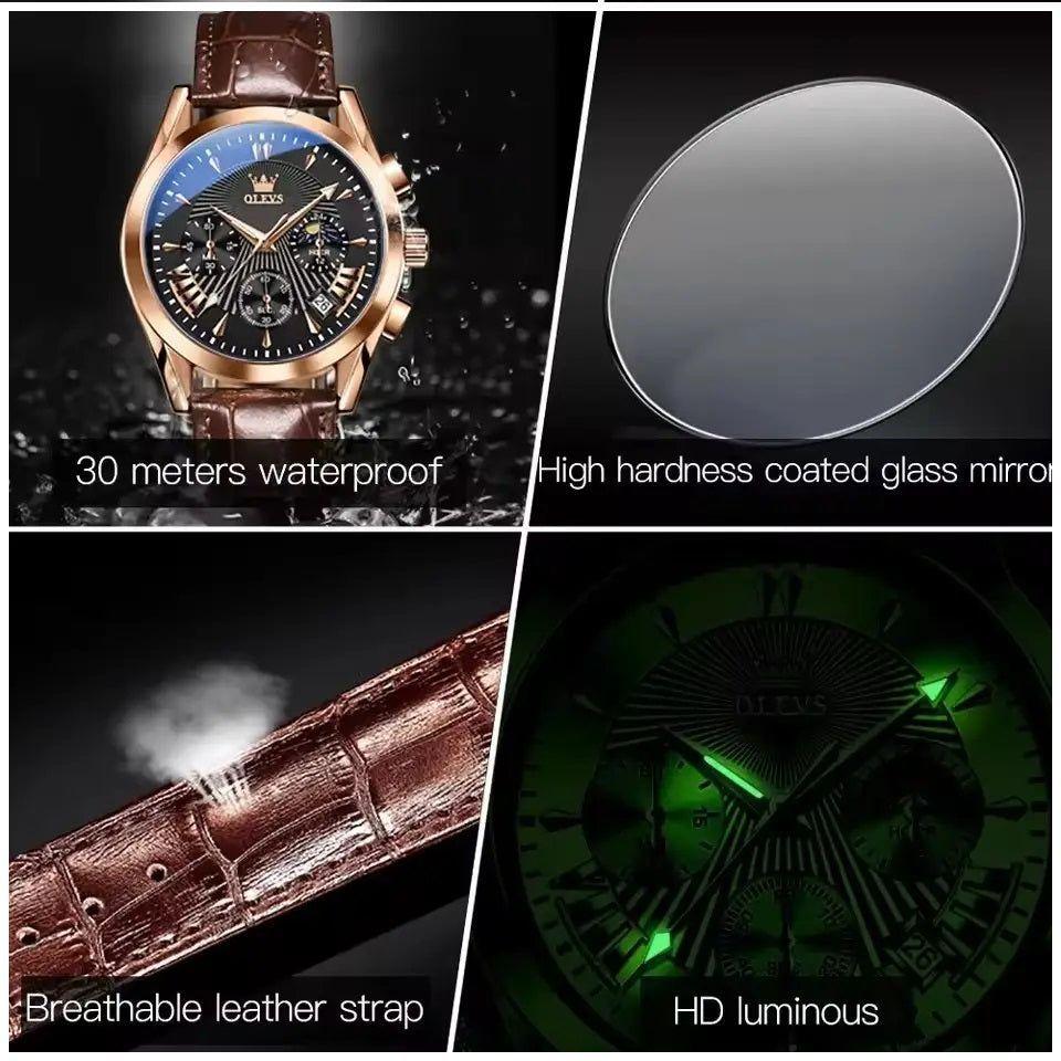 Reloj Cronógrafo de Lujo para Hombre con Correa de Cuero Clásico-4