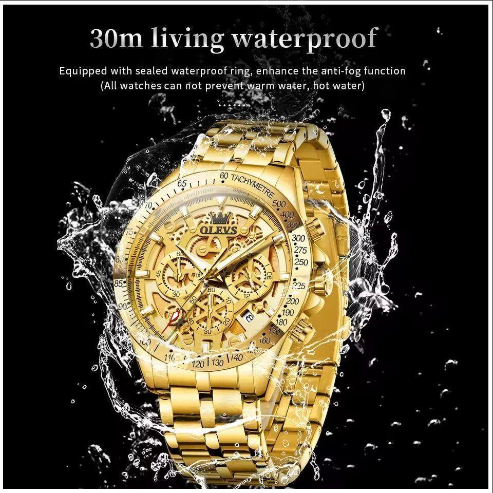 Reloj masculino Clásico de Lujo Acero Inoxidable Dorado-3