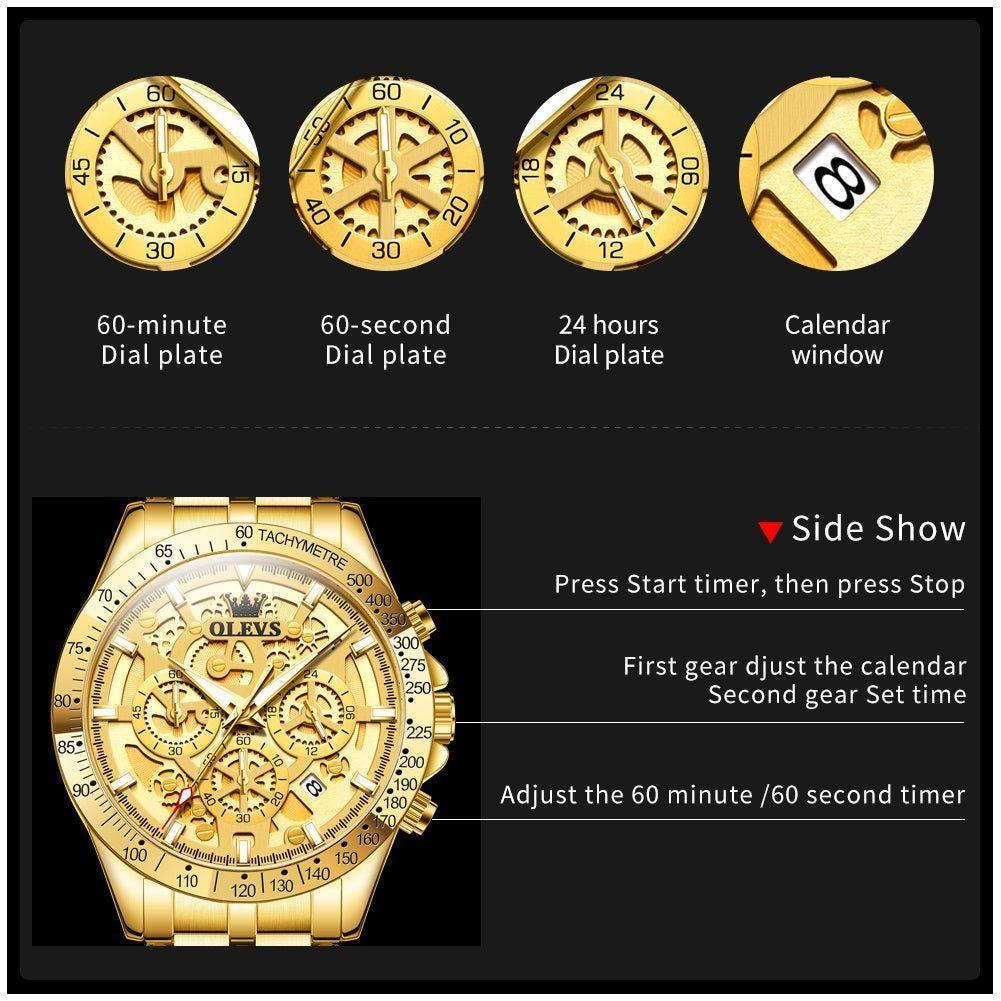 Reloj masculino Clásico de Lujo Acero Inoxidable Dorado-5