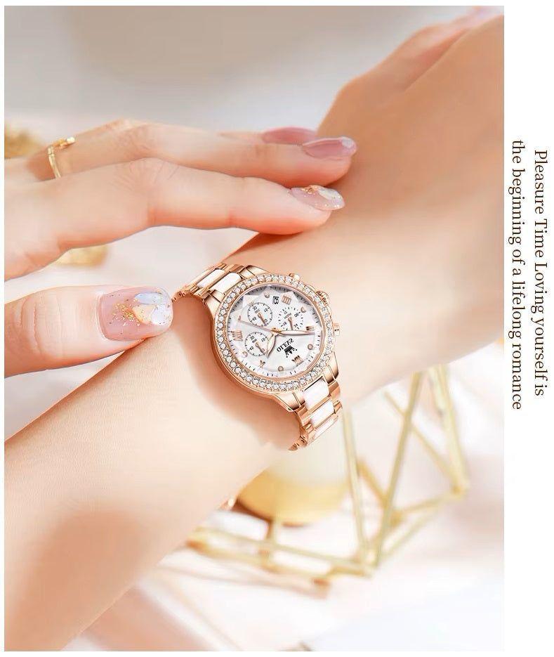 Reloj de Mujer Multifuncional Correa de Acero Inoxidable con Cerámica-4