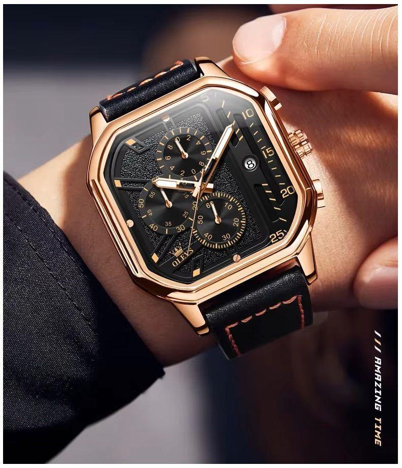Reloj de Hombre Cuadrado de Lujo con Cronógrafo Correa de Cuero-3