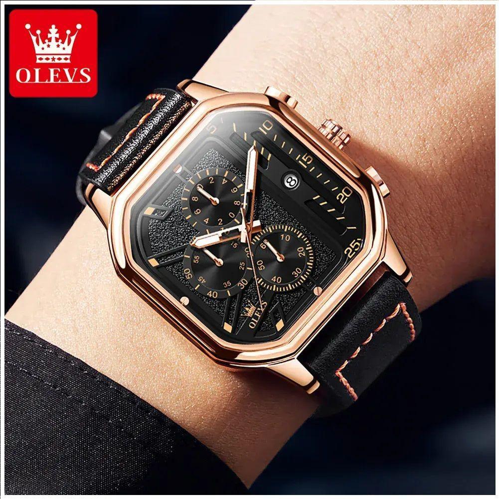 Reloj de Hombre Cuadrado de Lujo con Cronógrafo Correa de Cuero-5