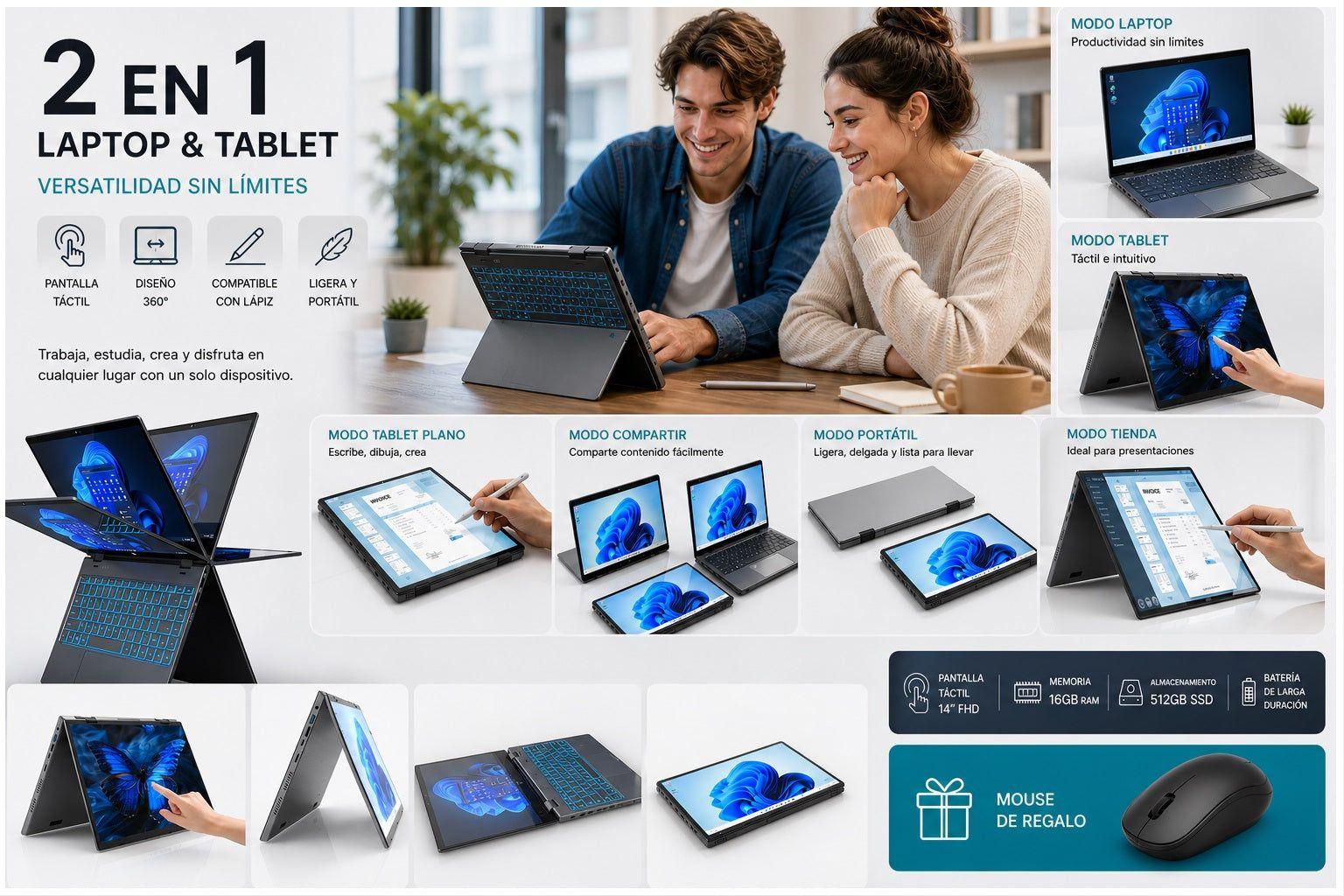 Monkeywatch Notebook 2 en 1 Táctil 14.1" Full HD IPS, Intel N100, 16GB RAM, 512GB SSD-4