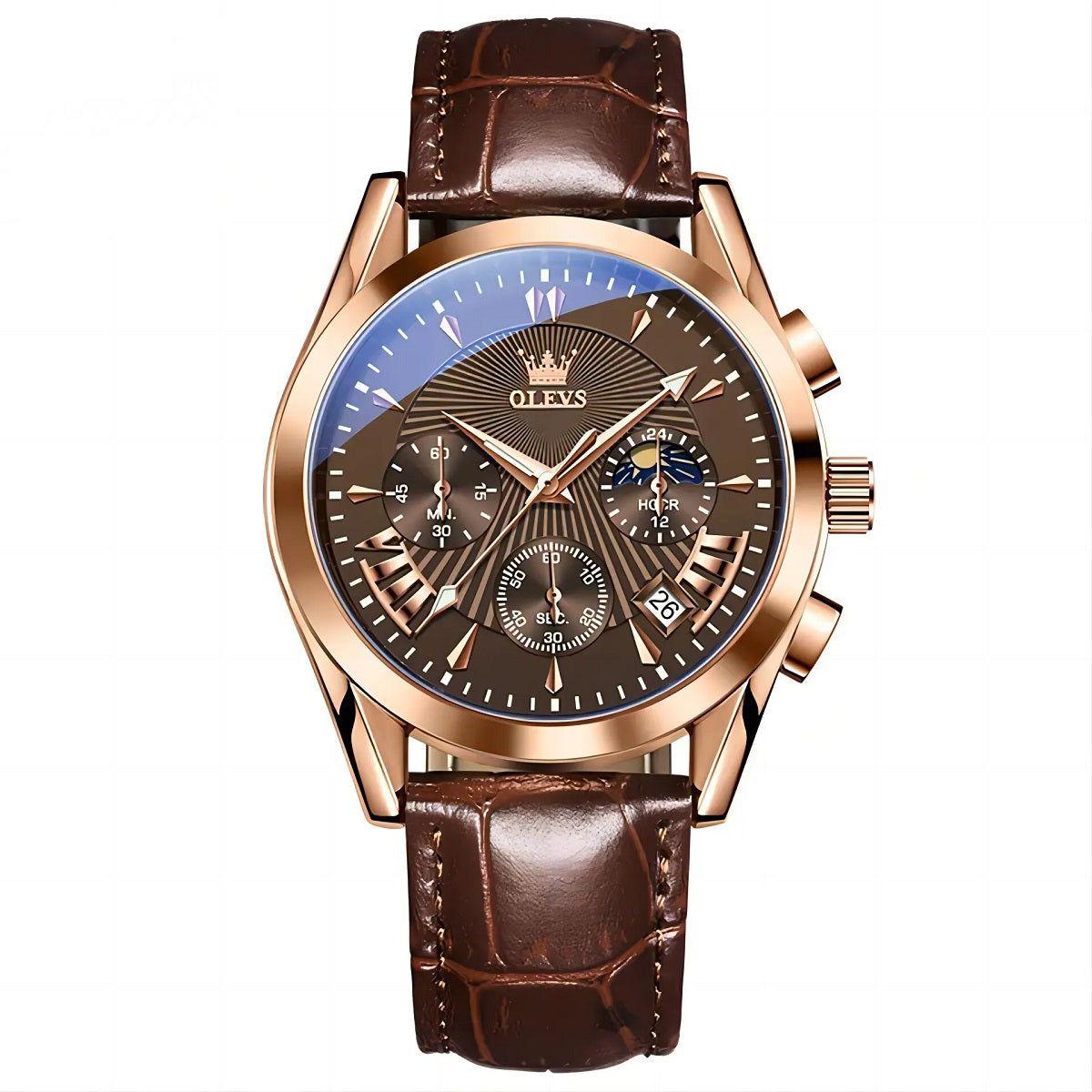 Reloj Cronógrafo de Lujo para Hombre con Correa de Cuero Clásico-0