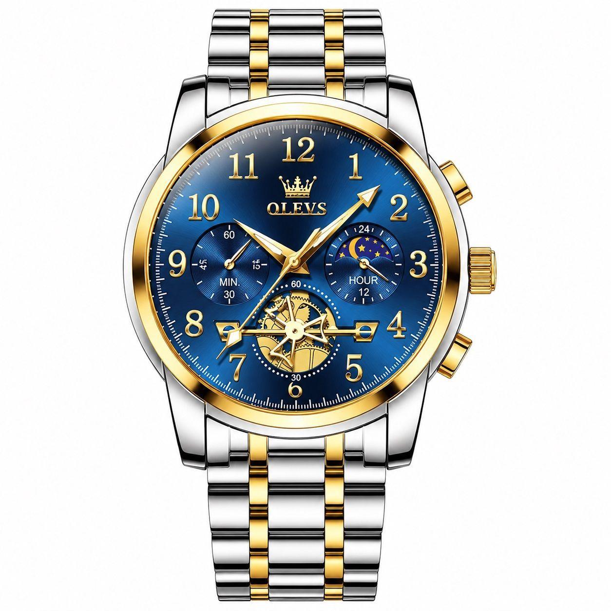 Reloj Cronógrafo de Lujo Hombre con Esfera Azul, Función Fase Lunar-0