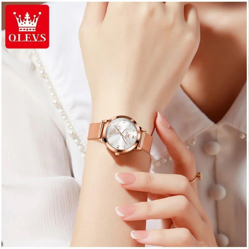 Reloj de Mujer Diseño Elegante Pulsera Metálica de Malla Rosa Dorado-5