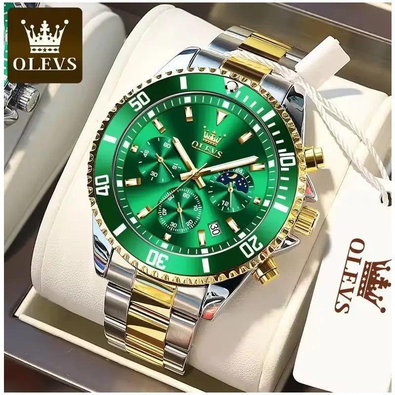 Reloj Cronógrafo Deportivo Hombre Acero Inox Verde Dorado 42.5mm Multifunción-5