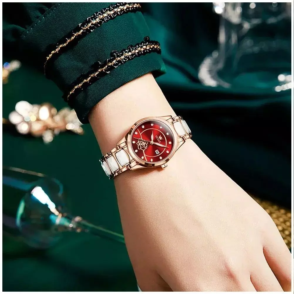Reloj Elegante para Mujer con Esfera Roja Pulsera de Acero Inox con Cerámica Blanca-1