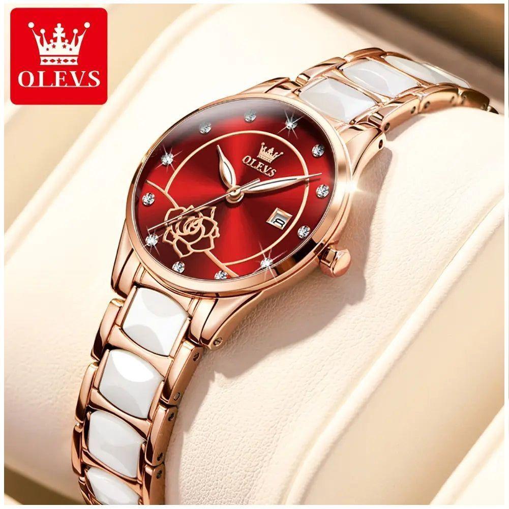 Reloj Elegante para Mujer con Esfera Roja Pulsera de Acero Inox con Cerámica Blanca-2