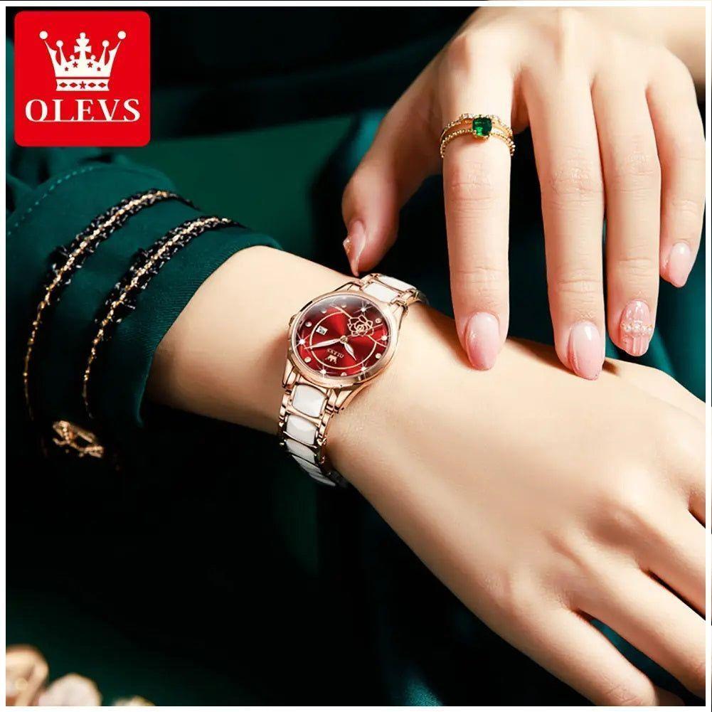 Reloj Elegante para Mujer con Esfera Roja Pulsera de Acero Inox con Cerámica Blanca-4