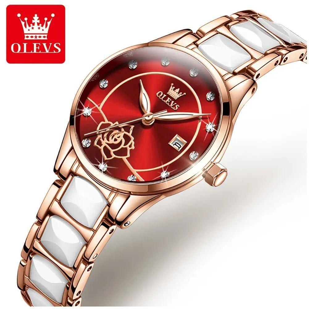 Reloj Elegante para Mujer con Esfera Roja Pulsera de Acero Inox con Cerámica Blanca-5