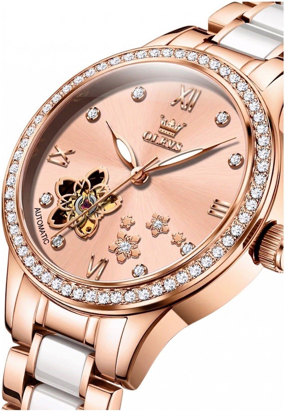 Reloj automático Mujer Elegante 32mm Acero Inox y Cerámica Diseño Floral Cristales-2