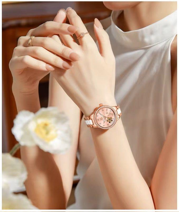 Reloj automático Mujer Elegante 32mm Acero Inox y Cerámica Diseño Floral Cristales-4