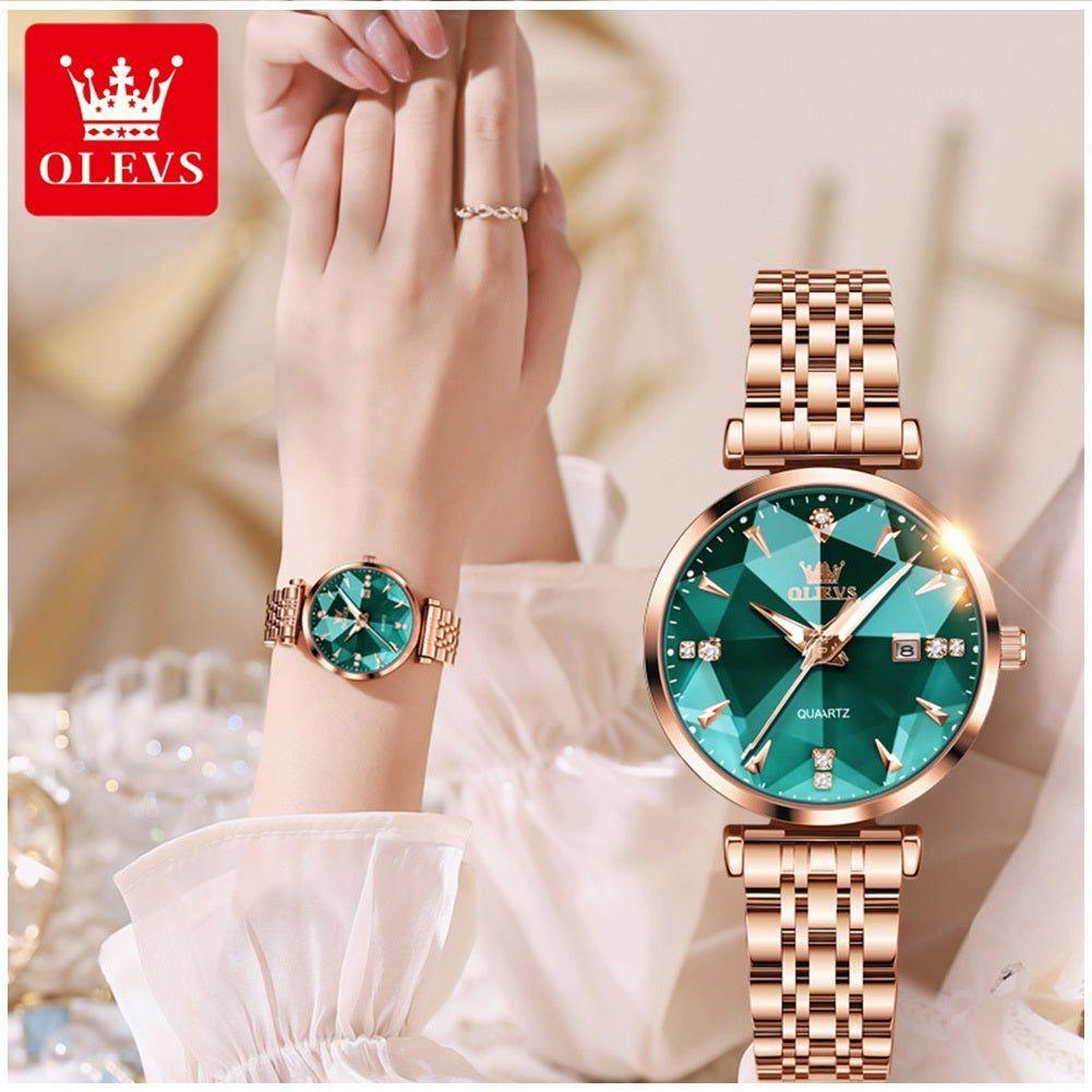 Reloj de Cuarzo para Mujer Esfera Verde Esmeralda Detalles de Cristal-3