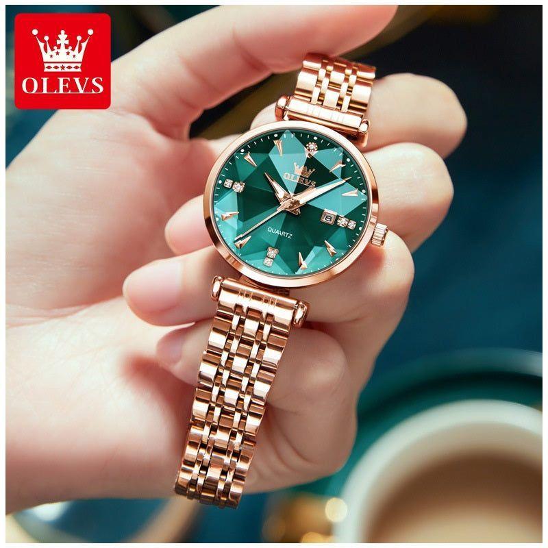Reloj de Cuarzo para Mujer Esfera Verde Esmeralda Detalles de Cristal-4