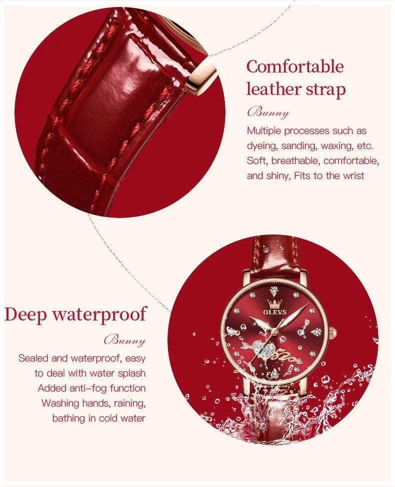 Reloj elegante de mujer correa cuero rojo diseño corazón con cristales-2