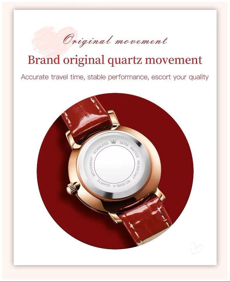 Reloj elegante de mujer correa cuero rojo diseño corazón con cristales-4
