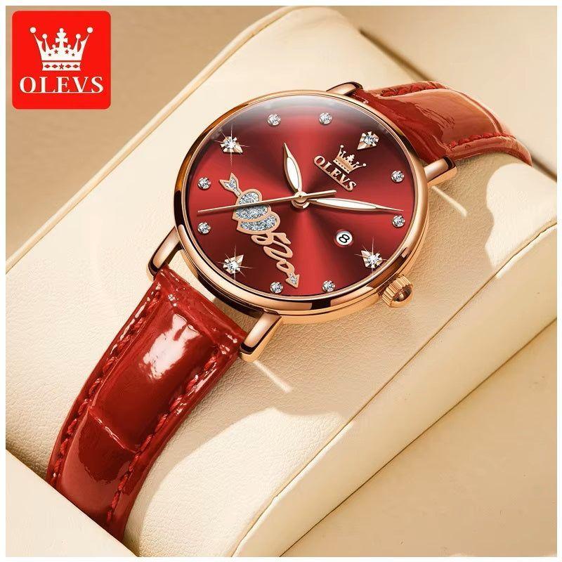 Reloj elegante de mujer correa cuero rojo diseño corazón con cristales-5