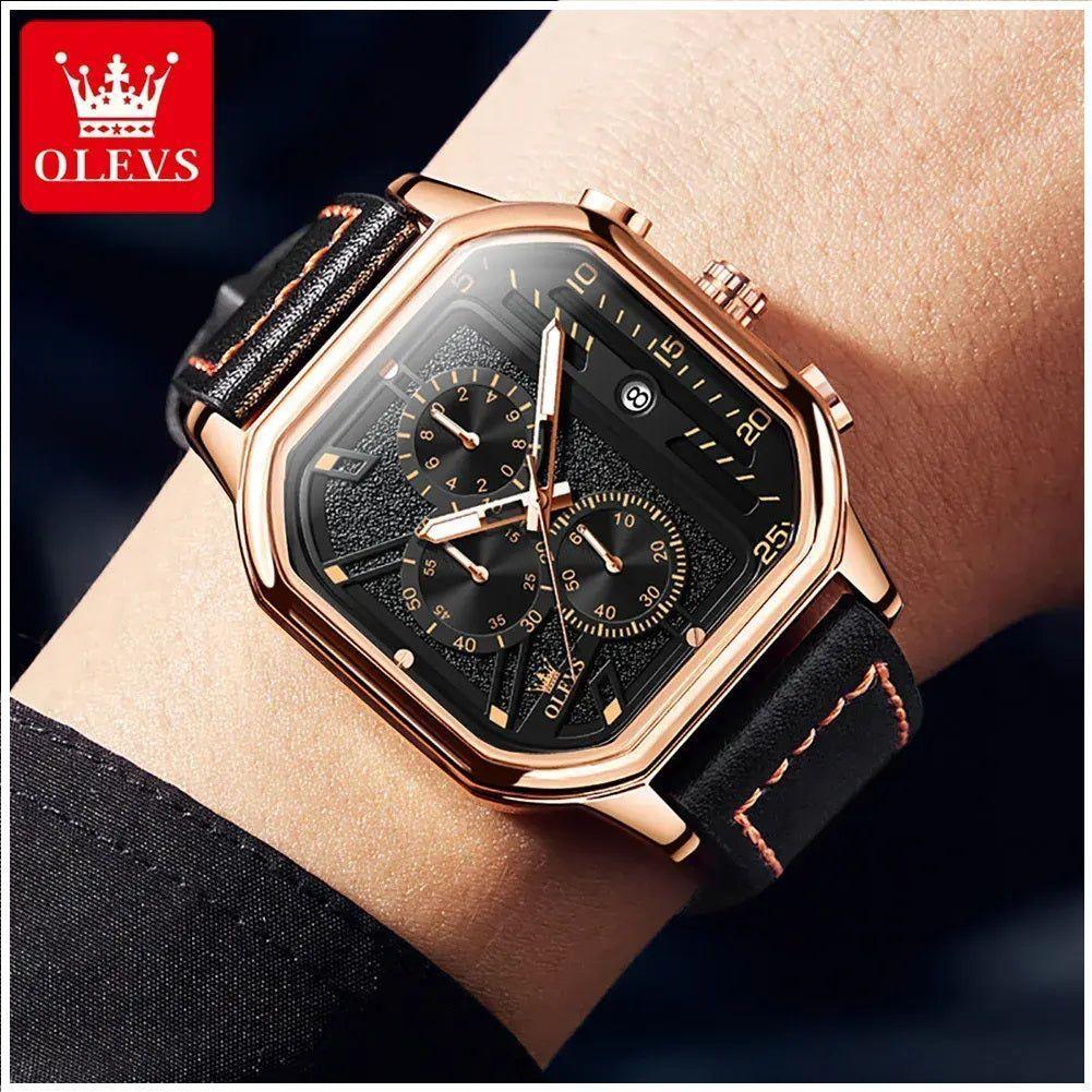 Reloj masculino Cuadrado de Lujo con Cronógrafo, Correa de Cuero-1