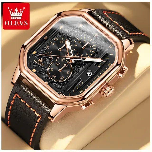 Reloj masculino Cuadrado de Lujo con Cronógrafo, Correa de Cuero-3
