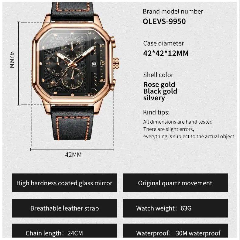 Reloj masculino Cuadrado de Lujo con Cronógrafo, Correa de Cuero-4