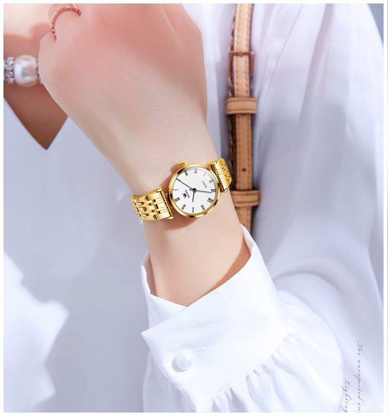 Reloj de Mujer Elegante de Cuarzo Pulsera de Acero Inoxidable Dorado-3