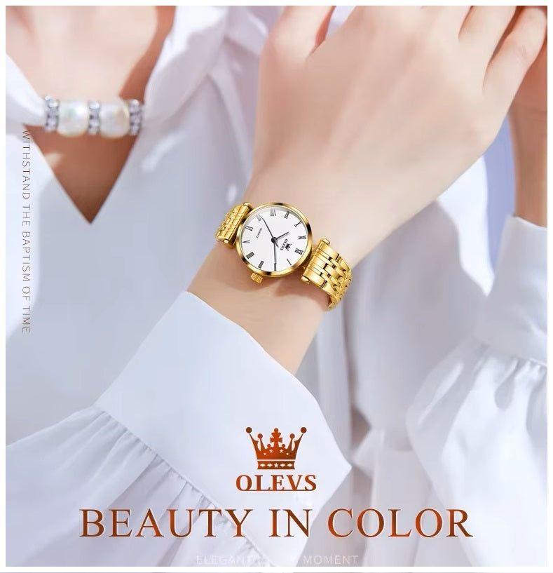 Reloj de Mujer Elegante de Cuarzo Pulsera de Acero Inoxidable Dorado-4