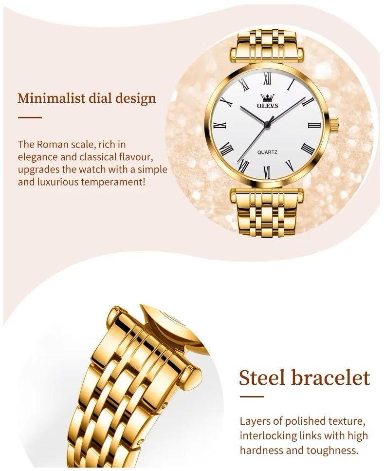 Reloj de Mujer Elegante de Cuarzo Pulsera de Acero Inoxidable Dorado-5