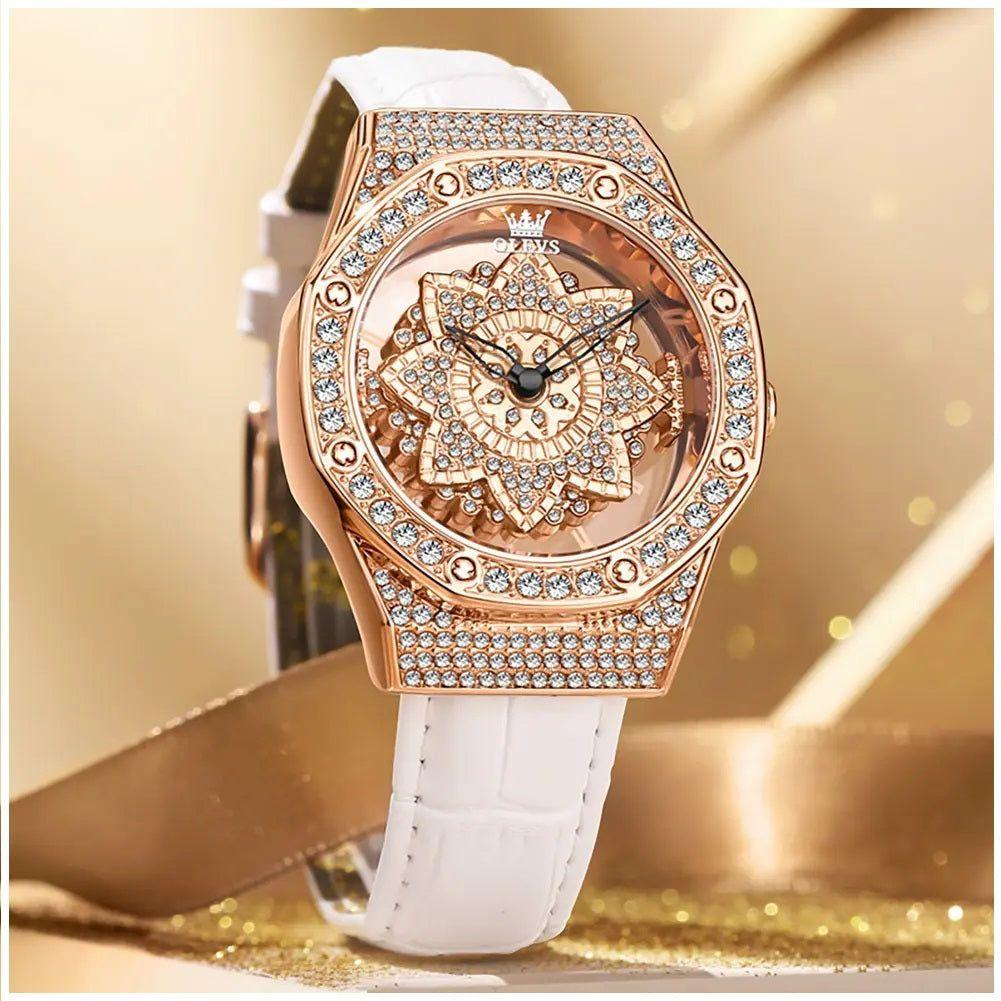 Reloj de Mujer de Lujo con Diseño Floral Rotativo y Correa de Cuero-2
