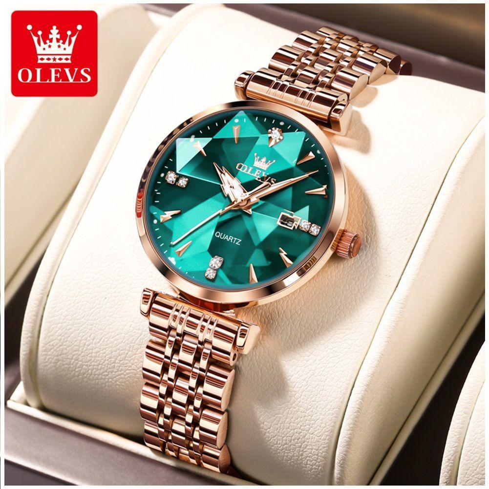 Reloj de cuarzo para Mujer Esfera Esmeralda Detalles de Cristal Correa Acero Inoxidable-5