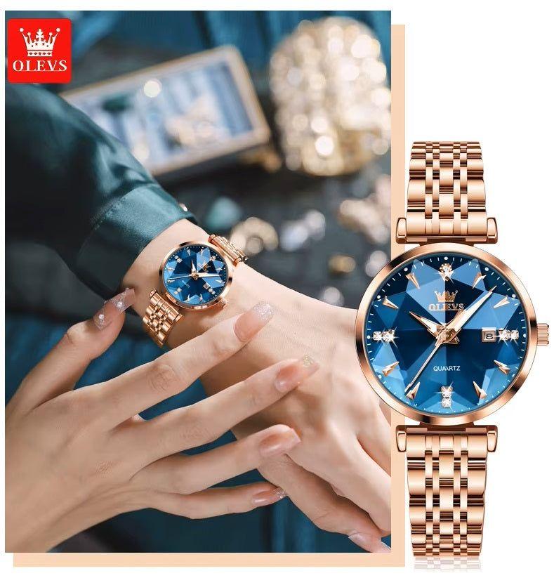 Reloj de Cuarzo Mujer con Esfera Azul Facetada Cristales Brillantes-2