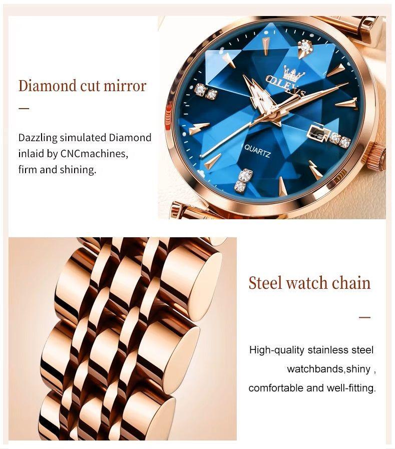 Reloj de Cuarzo Mujer con Esfera Azul Facetada Cristales Brillantes-6