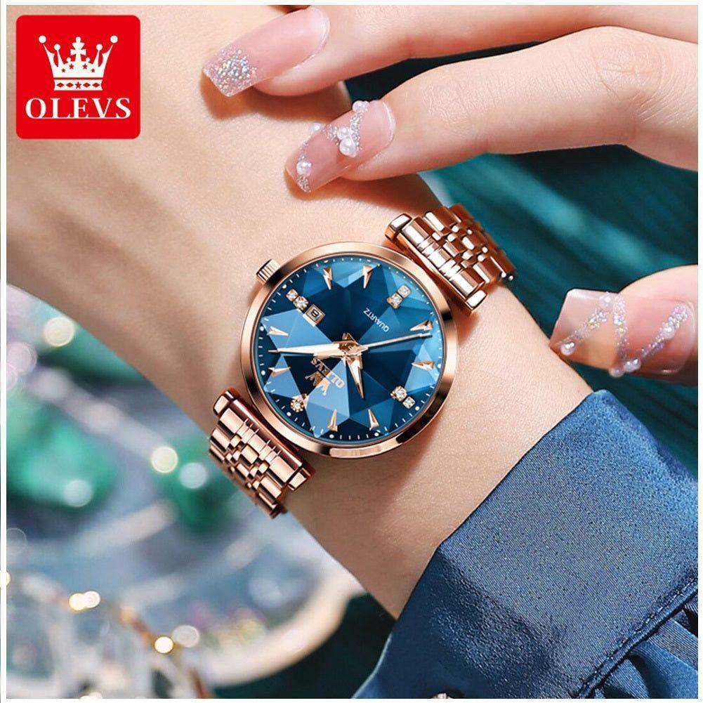 Reloj de Cuarzo Mujer con Esfera Azul Facetada Cristales Brillantes-4