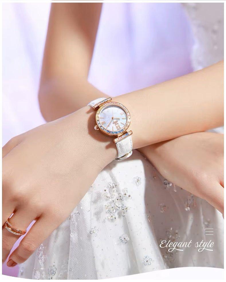 Reloj de Mujer Elegante con Correa de Cuero y Cristales Multicolor-3