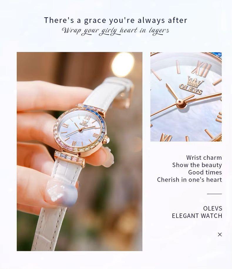 Reloj de Mujer Elegante con Correa de Cuero y Cristales Multicolor-4