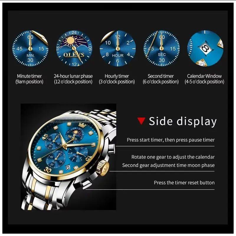 Reloj Hombre Lujo Deportivo y Elegante con Cronógrafo Fase Lunar-5