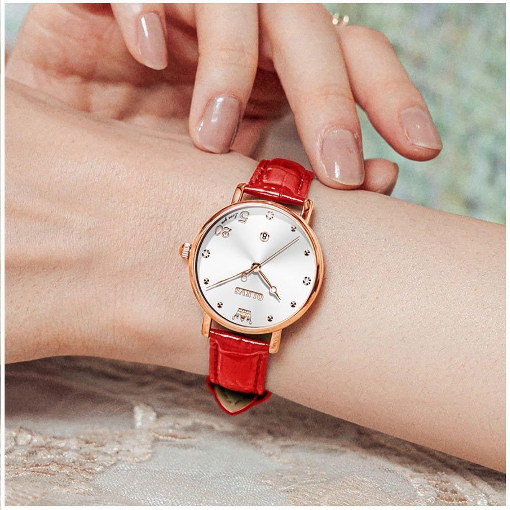 Reloj Femenino de Cuarzo con Correa de Cuero Rojo y Esfera Decorativa-3