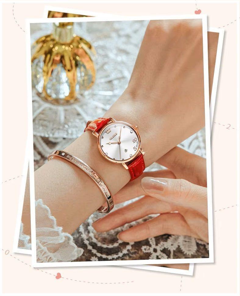Reloj Femenino de Cuarzo con Correa de Cuero Rojo y Esfera Decorativa-4