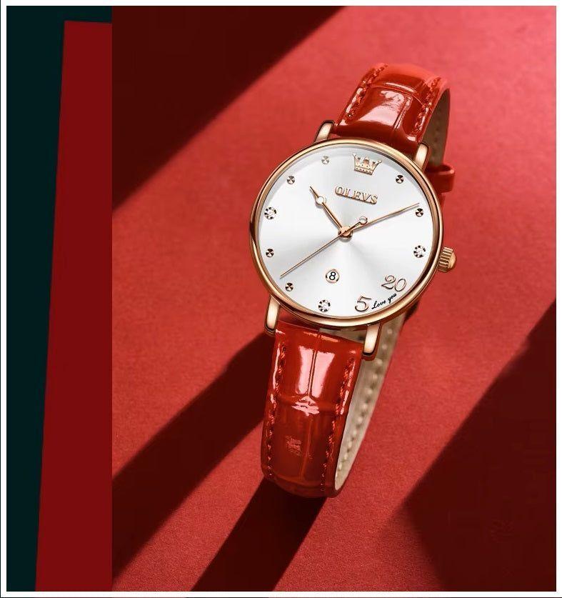 Reloj Femenino de Cuarzo con Correa de Cuero Rojo y Esfera Decorativa-5