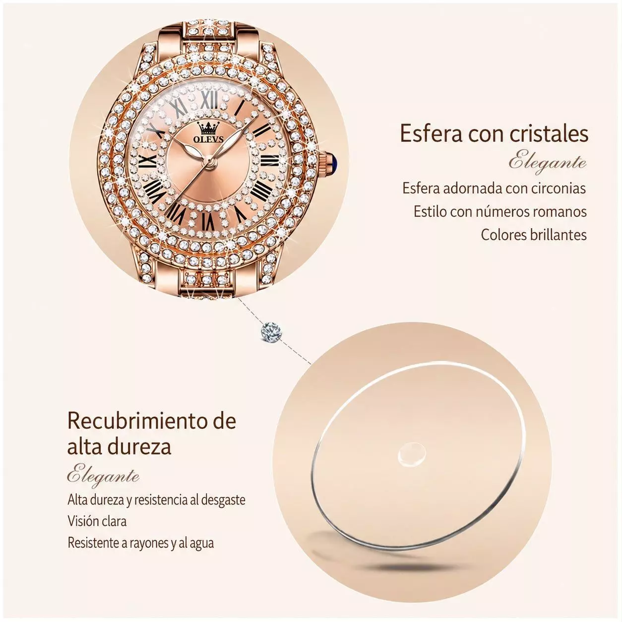 Reloj Elegante para Mujer con Cristales Incrustados, Acero Inoxidable, Movimiento Cuarzo-3