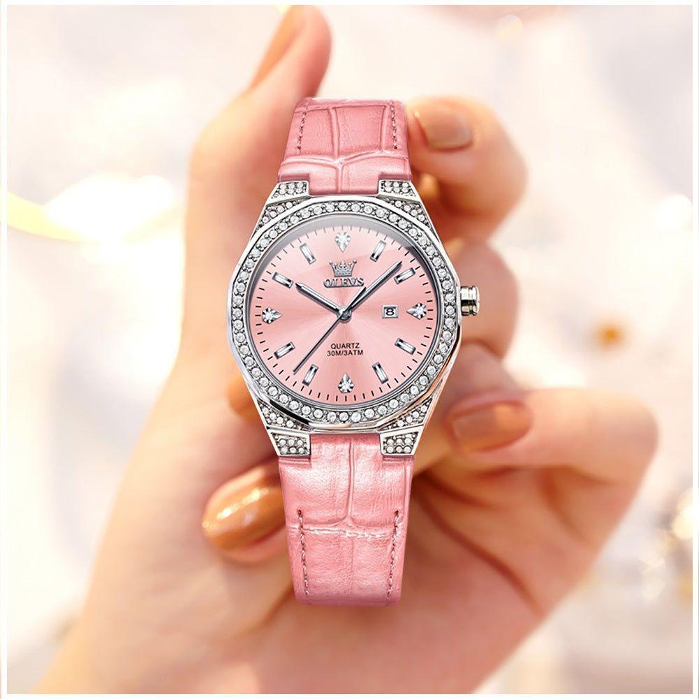 Reloj de Cuarzo para Mujer Correa de Cuero Rosa Esfera de Cristales-5