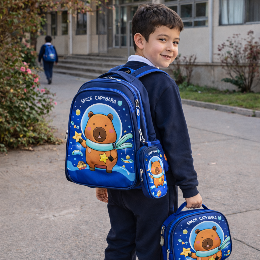 Set 3 Piezas Mochila Infantil Escolar Capibara con Luces Lonchera Estuche Resistente y C modo-1