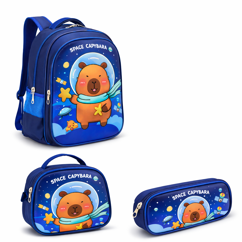 Set 3 Piezas Mochila Infantil Escolar Capibara con Luces Lonchera Estuche Resistente y C modo-2