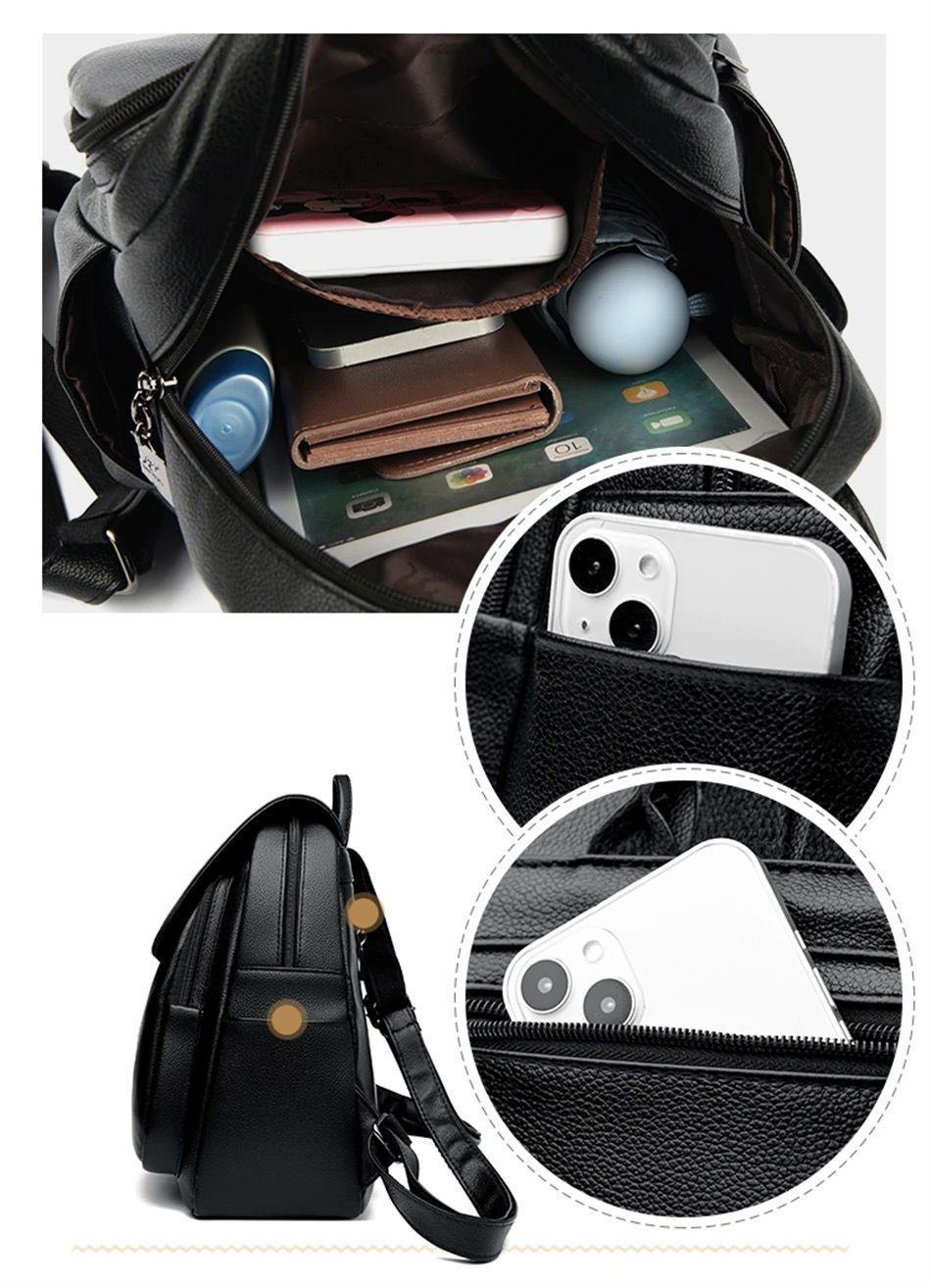 Mochila Bolso de Mujer Cuero Pu Suave Juvenil Impermeable Gran Capacidad -3