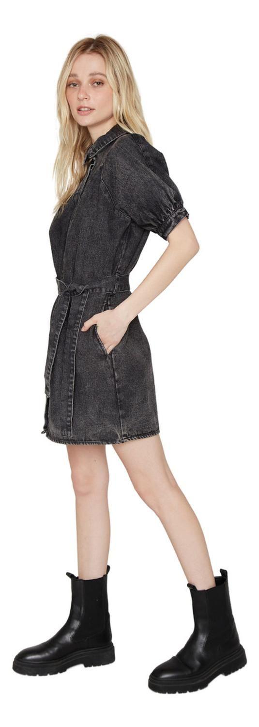 Vestido Denim Manga Corta Negro Jacinta Tienda-1