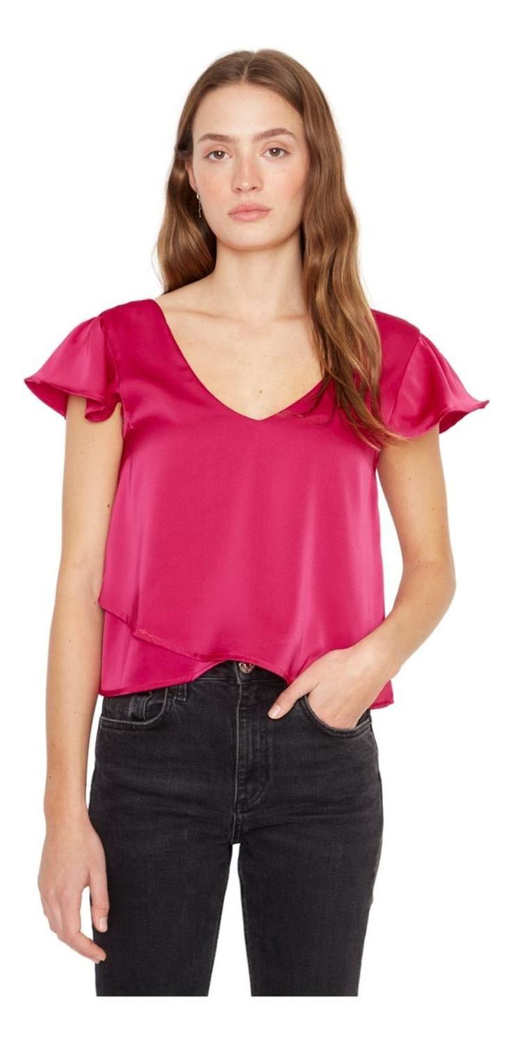 Polera Sara Manga Corta Satin Fucsia Jacinta Tienda-1