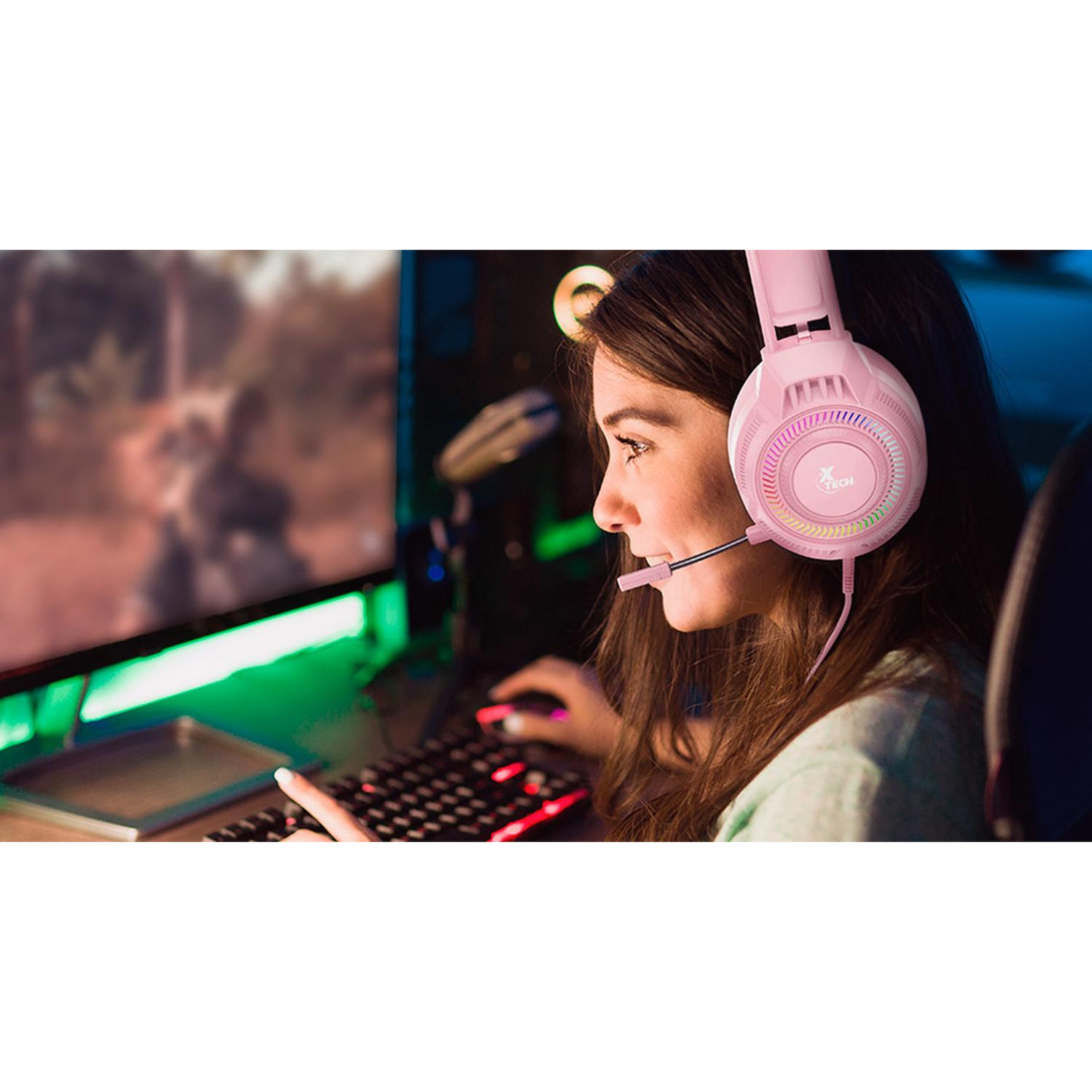 Audífonos Diadema Gamer Xtech XTH-564 Alámbrico Rosa-4