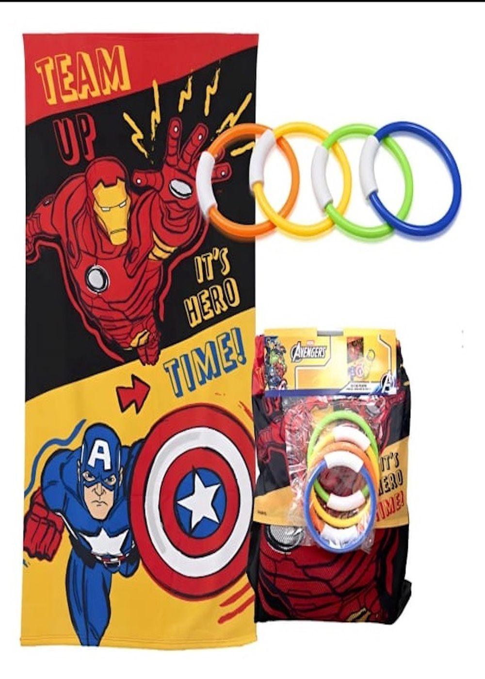 Toalla de playa diseño Avengers con morral y anillos-1